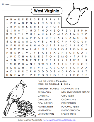 West Virginia Word Search Puzzle
