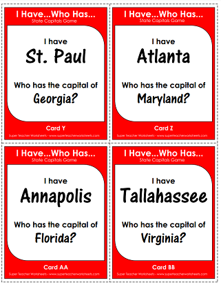 50 States Worksheets - Capitals Game