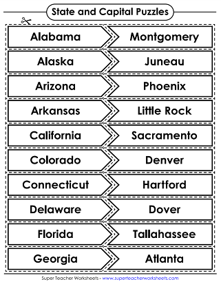 50 States Worksheets - Capitals Puzzle