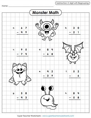 Subtraction Worksheets - With Regrouping - Graph Paper