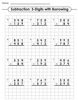 Graph Paper Subtraction - 3-Digit