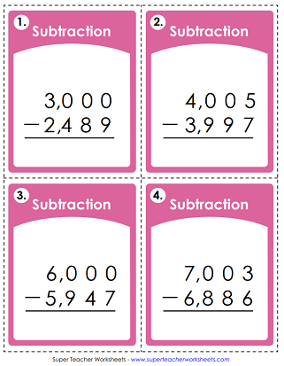 4-Digit Subtraction Worksheets - Task Cards