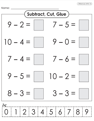 Basic Subtraction Worksheets - Cut and Glue Activity