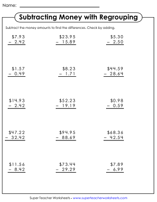 Subtracting Money Worksheets