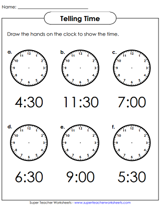 Time Worksheets (Hours & Half Hours)
