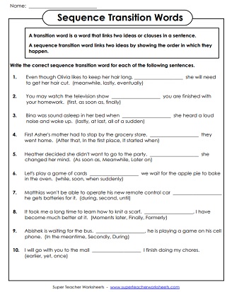 Transition Words - Worksheets