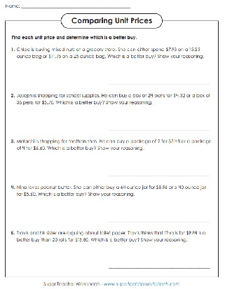 Comparing Unit Prices Worksheet