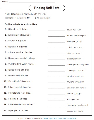 Unit Rate Worksheets