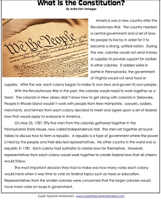 US Constitution Worksheets