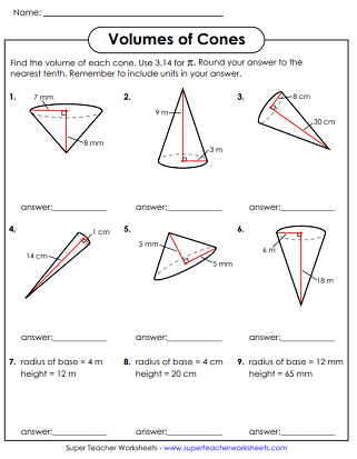 Volume of a Cone Worksheets