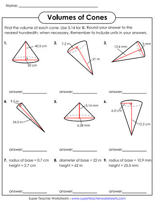 Volume of a Cone Worksheets