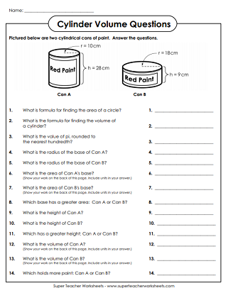 Volume of Cylinder Printable Worksheets