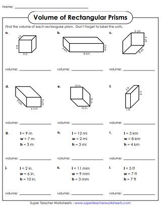 Volumes of Rectangular Prisms: Worksheets