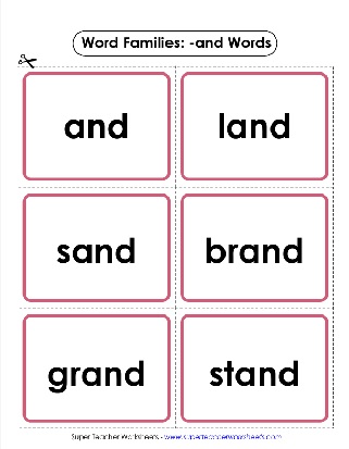 Word Family Unit -and Words Printable Flashcards Activity Worksheet