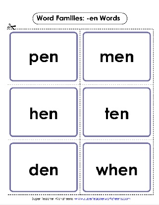 Word Family Unit -en Words Printable Flashcards Activity Worksheet