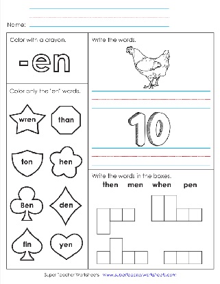Word Family Unit -en Words Printable Worksheet 