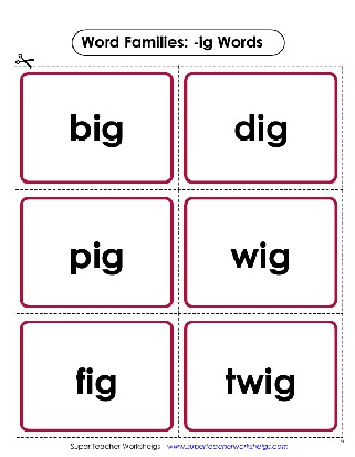 Word Family Unit -ig Words Printable Flashcards Activity Worksheet