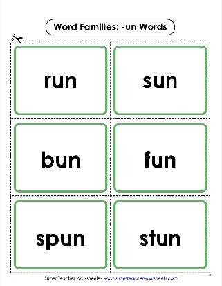 Word Family Unit -un Words Printable Flashcards Activity Worksheet