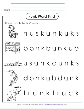 Word Family Unit -unk Words Printable Circle The Word Activity Worksheet
