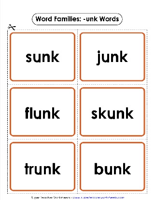 Word Family Unit -unk Words Printable Flashcards Activity Worksheet