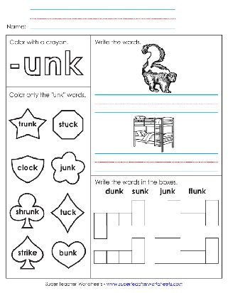 Word Family Unit -unk Words Printable Worksheet