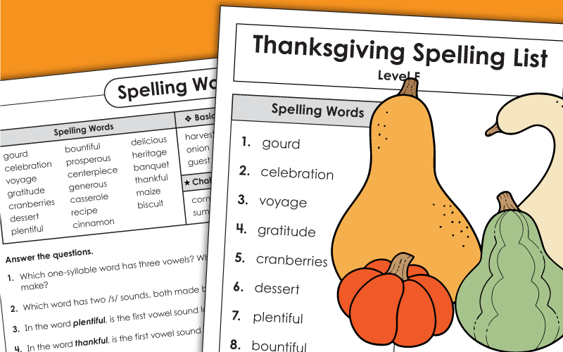 Thanksgiving: Spelling Grade 6